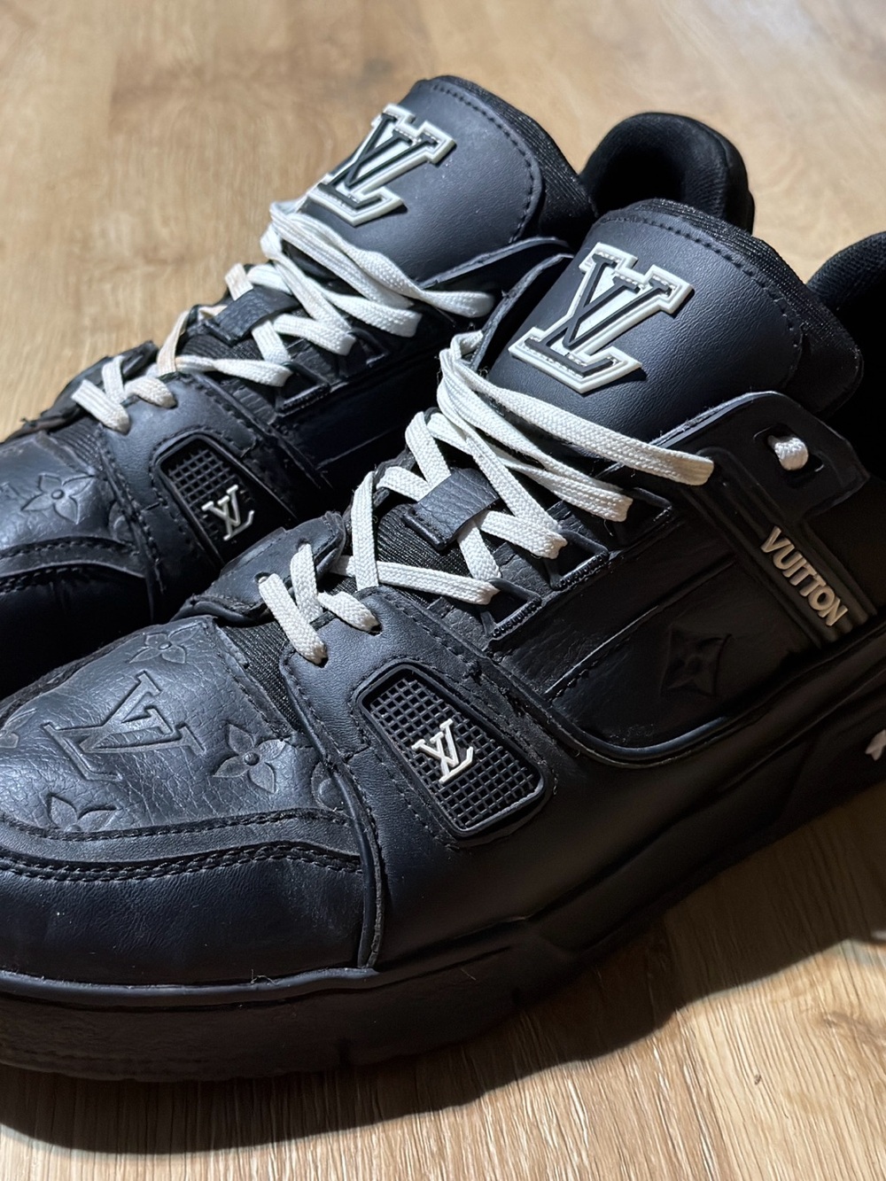 Louis Vuitton Black Leather Monogram LV Sneakers with White Laces